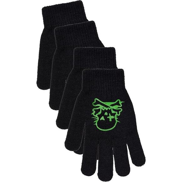 Boys 2 pairs of Gloves: 1-Halloween AND 1-Black ( Skull/X-bones Green) - Picture 3 of 3